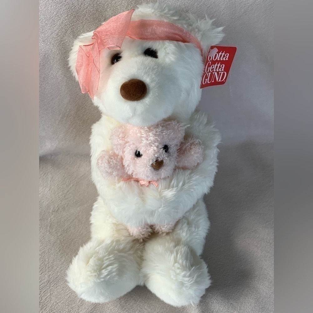 Vintage Gund “Momma’s Love” Stuffed Bear Mini Bear Toy Bow White Pink - Picture 2 of 15